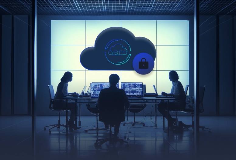 Three people working on laptops in a dark room with a large cloud and lock icon on screen.