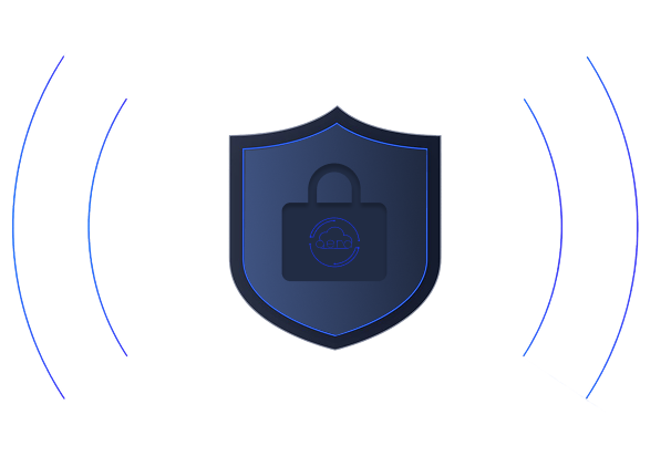 Blue shield with a padlock icon and circular lines indicating security or protection.