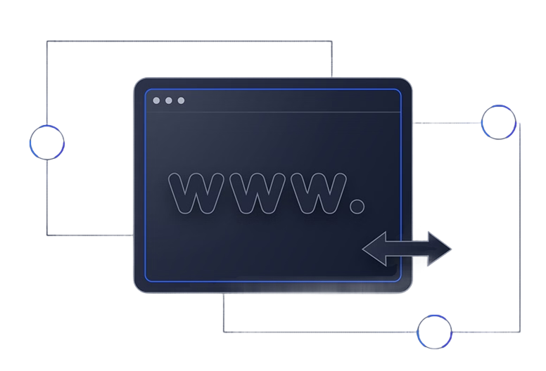 Illustration of a web browser window with www. and bidirectional arrow for data transfer.