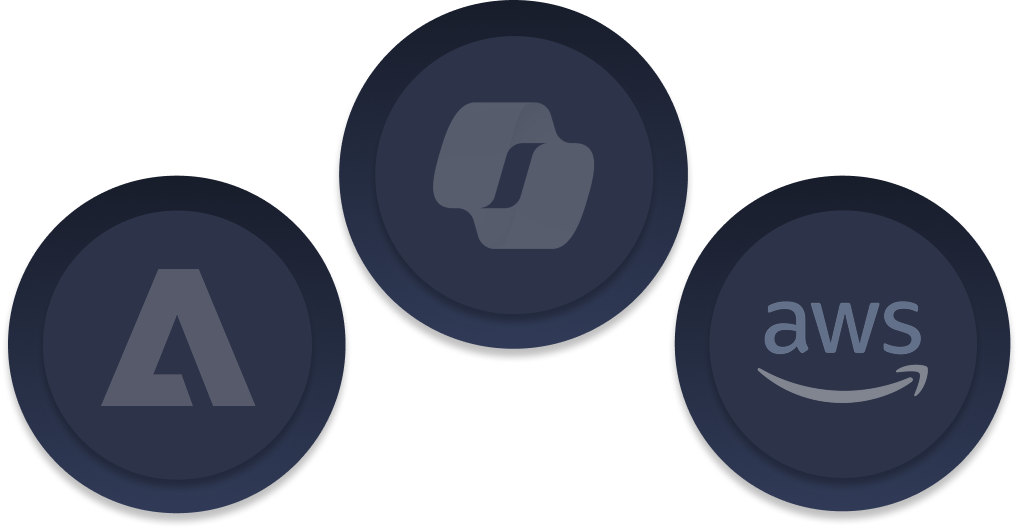 Dark blue circles with logos: Lambda, OpenAI, and AWS from left to right.