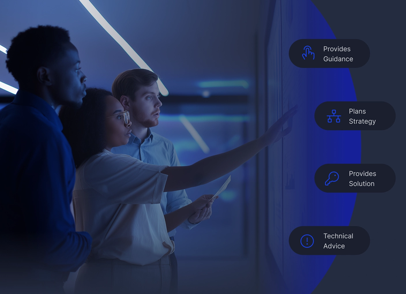 Three professionals examining data on a digital board with guidance, strategy, solution, and advice icons.