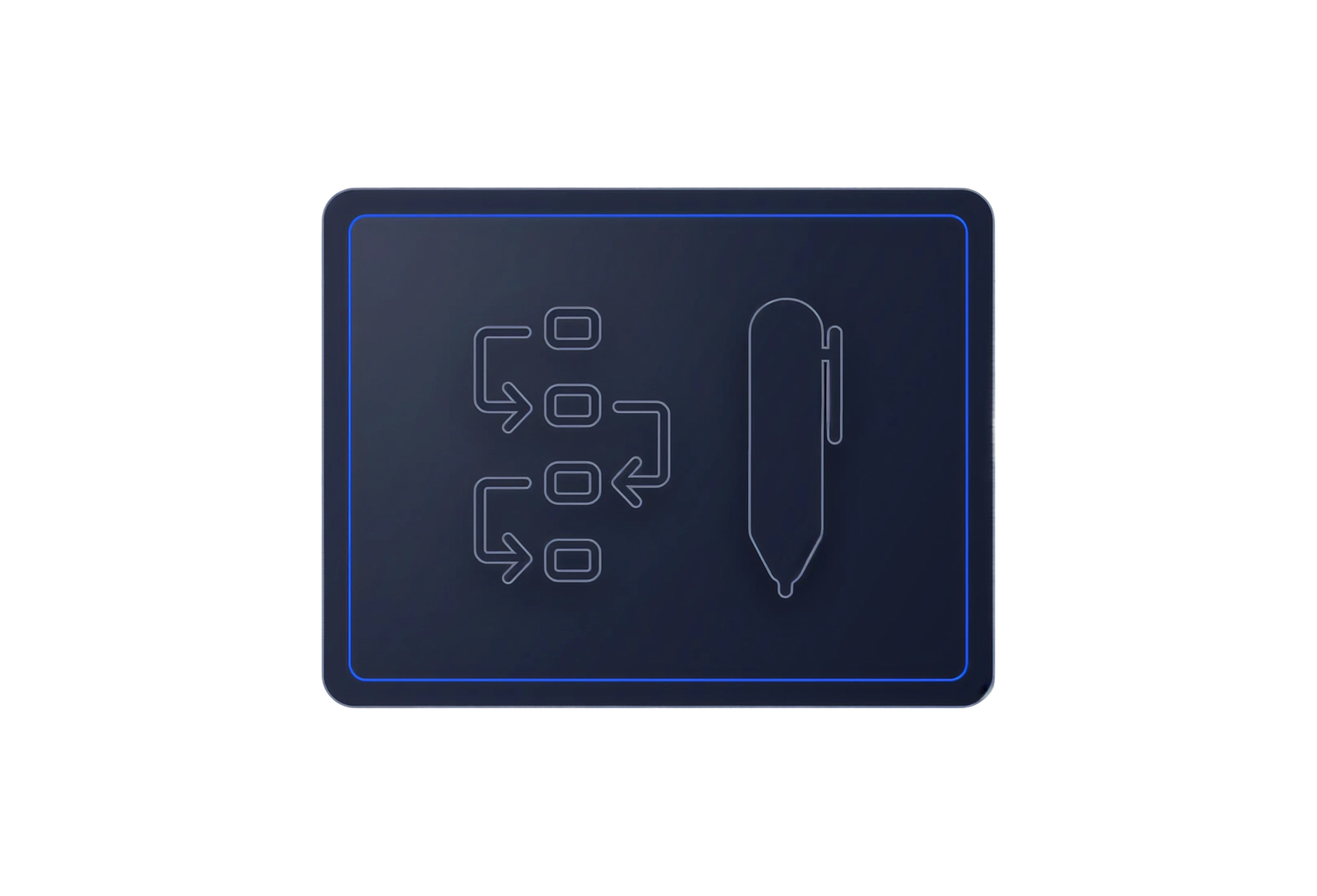 Dark blue rectangle with a stylized flowchart and pen icon outlined in light blue.