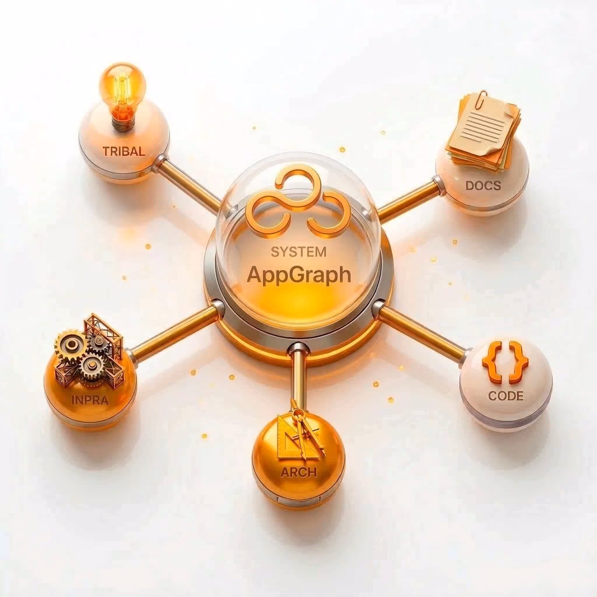 AppGraph system intelligence diagram, connects code, architecture, docs, infrastructure, and tribal knowledge into a living system model