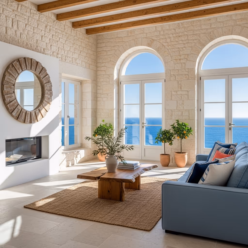 A living room filled with furniture and windows.