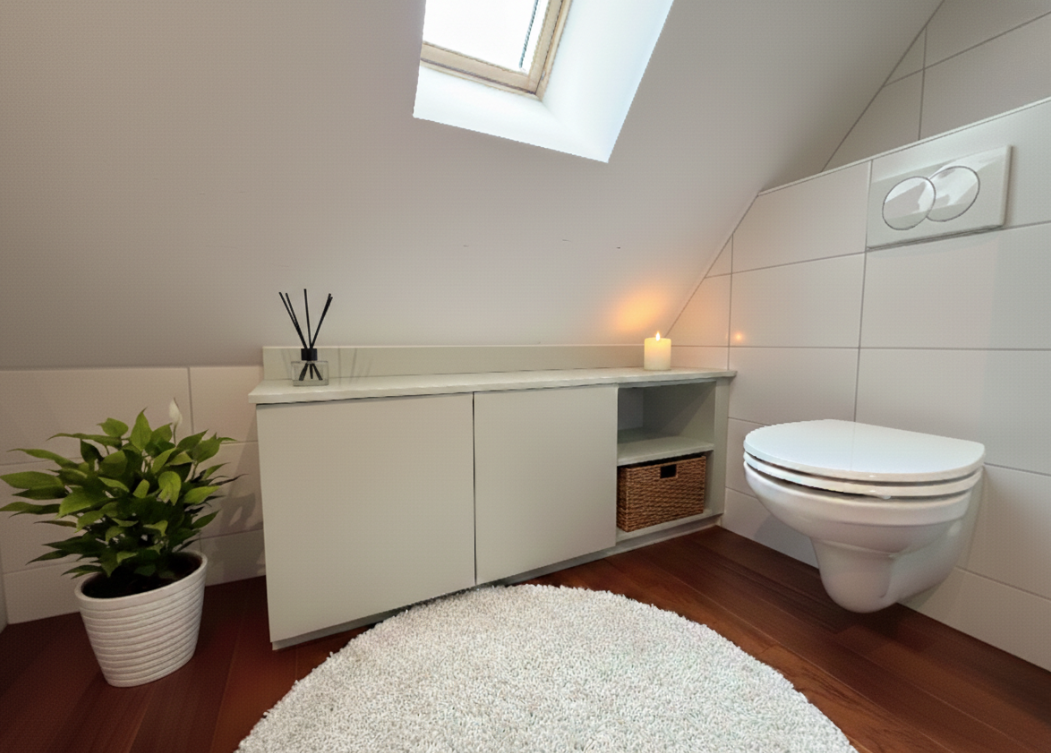 Meuble de toilette sur mesure sous rampant, conçu pour s’intégrer parfaitement à l’espace. Les portes battantes sans poignées offrent un style épuré et une ouverture sans contrainte, idéale dans un volume réduit. Une niche ouverte vient compléter l’ensemble, apportant à la fois une touche déco et un rangement pratique. Un meuble sobre, fonctionnel et pensé dans le détail.