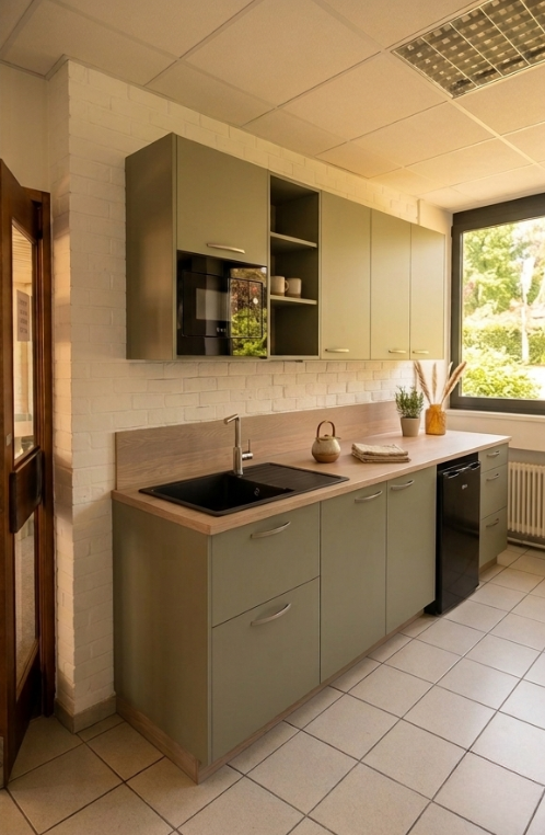 Découvrez l'une de nos dernières réalisations : une cuisine de réfectoire compacte, pensée pour être à la fois fonctionnelle, moderne et accueillante. Avec ses façades d'un vert sauge ultra-tendance, son plan de travail chaleureux effet bois et ses finitions épurées, elle prouve que les espaces de pause en entreprise méritent autant de style que de praticité.