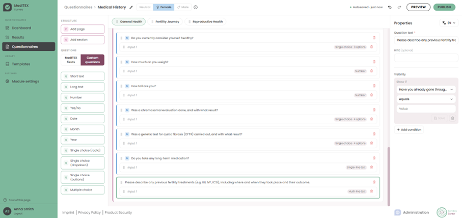 Custom questions in the MedITEX Survey builder with conditional visibility