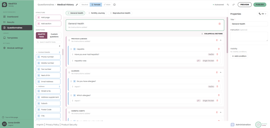 Medical History questionnaire in the MedITEX Survey builder: General Health section with previous illnesses and allergies