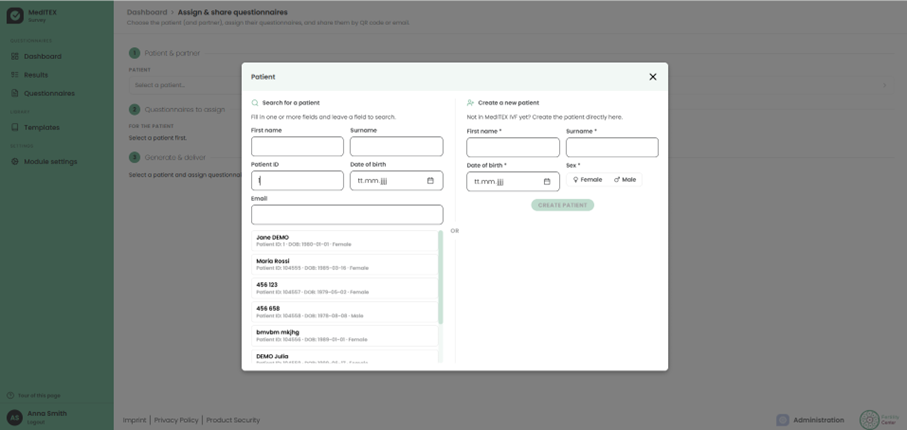 Searching for a patient or creating a new one in MedITEX Survey