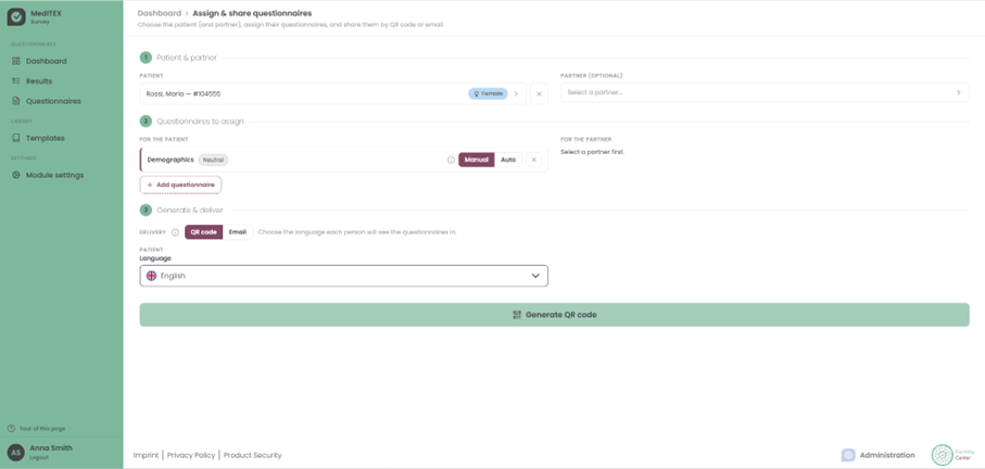 Assigning a questionnaire and choosing QR code or email delivery