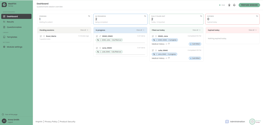 MedITEX Survey dashboard with pending, in-progress, filled-out and expired sessions