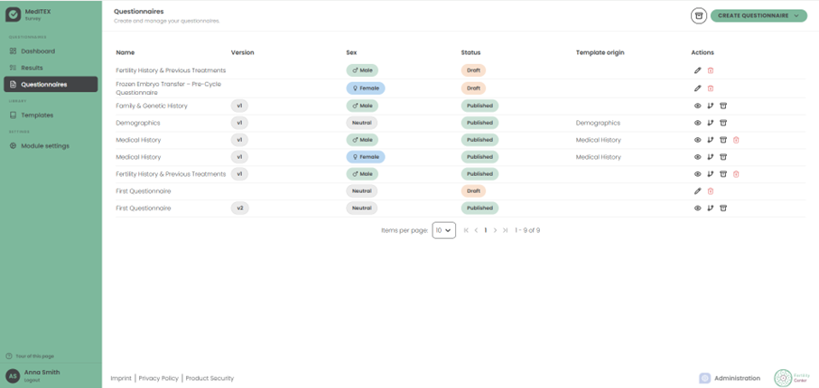 Questionnaire list with version, sex, status and template origin