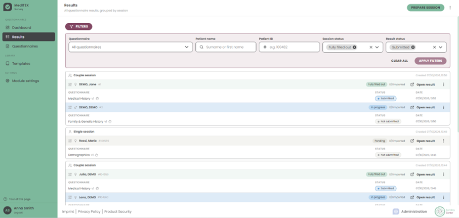 Filtering results by questionnaire, patient, session status and result status