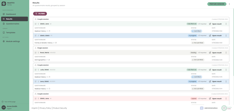 Results grouped by single and couple sessions with status per questionnaire