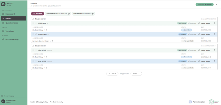 Filtered results showing fully filled-out sessions with submitted questionnaires