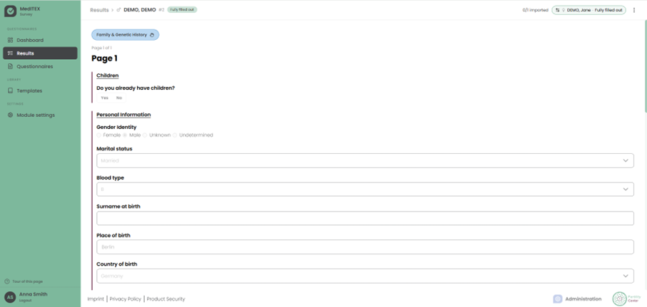 Reviewing a patient's submitted questionnaire answers in MedITEX Survey