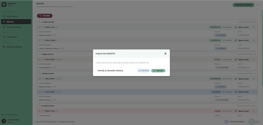 Importing submitted questionnaires into MedITEX IVF