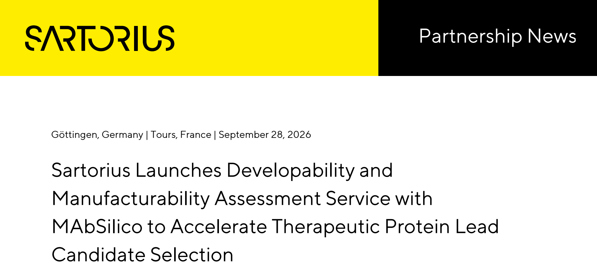 Sartorius Partnership News: Sartorius Launches Developability and Manufacturability Assessment Service with MAbSilico to Accelerate Therapeutic Protein Lead Candidate Selection