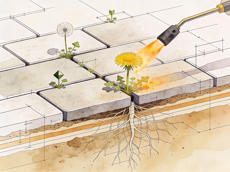 Abstrakte Darstellung eines Pflasterbelags, bei dem Unkraut mit offener Flamme oberflächlich erhitzt wird; die Wurzeln unterhalb der Fuge bleiben intakt.