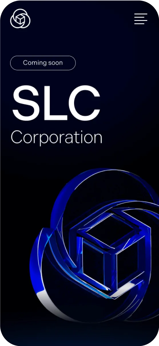 Dark-themed mobile screen showing 'Coming soon' and 'SLC Corporation' text with a blue 3D geometric logo and a menu icon.