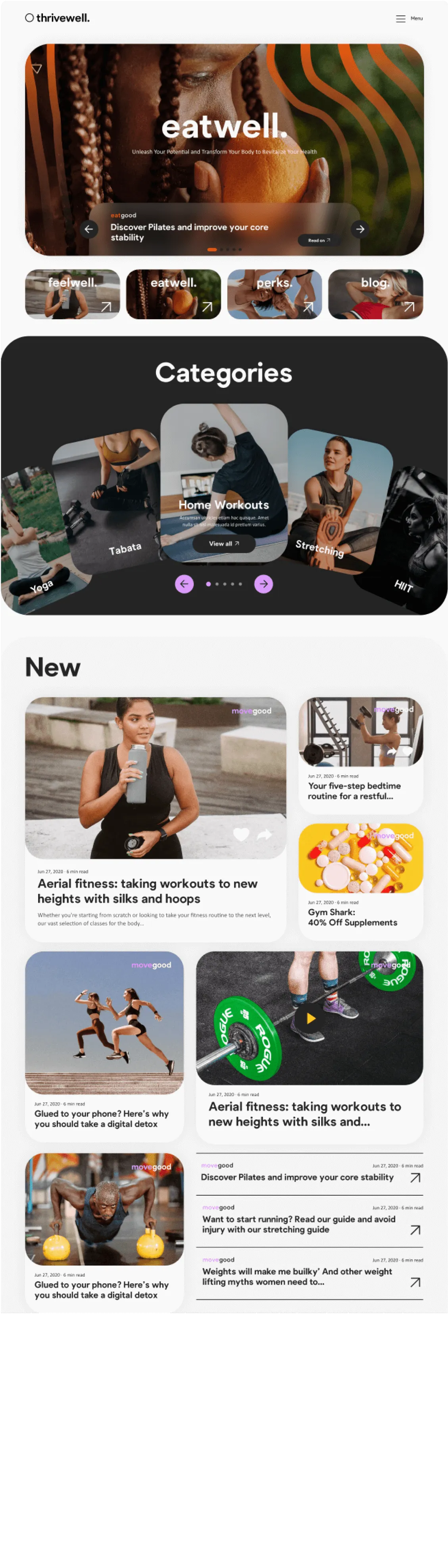 Wellness website homepage featuring fitness categories like Yoga, Tabata, Home Workouts, Stretching, and HIIT, with article previews about aerial fitness, Pilates, bedtime routines, and supplements.