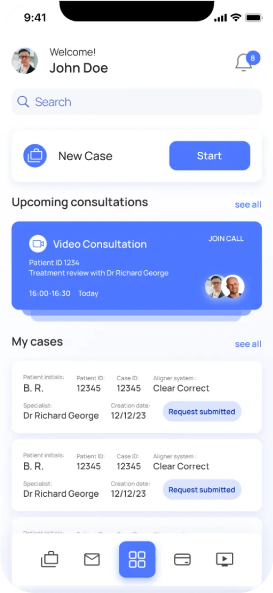 Mobile app screen showing user John Doe with search bar, a button to start a new case, an upcoming video consultation with Dr Richard George, and a list of cases with patient details and status.
