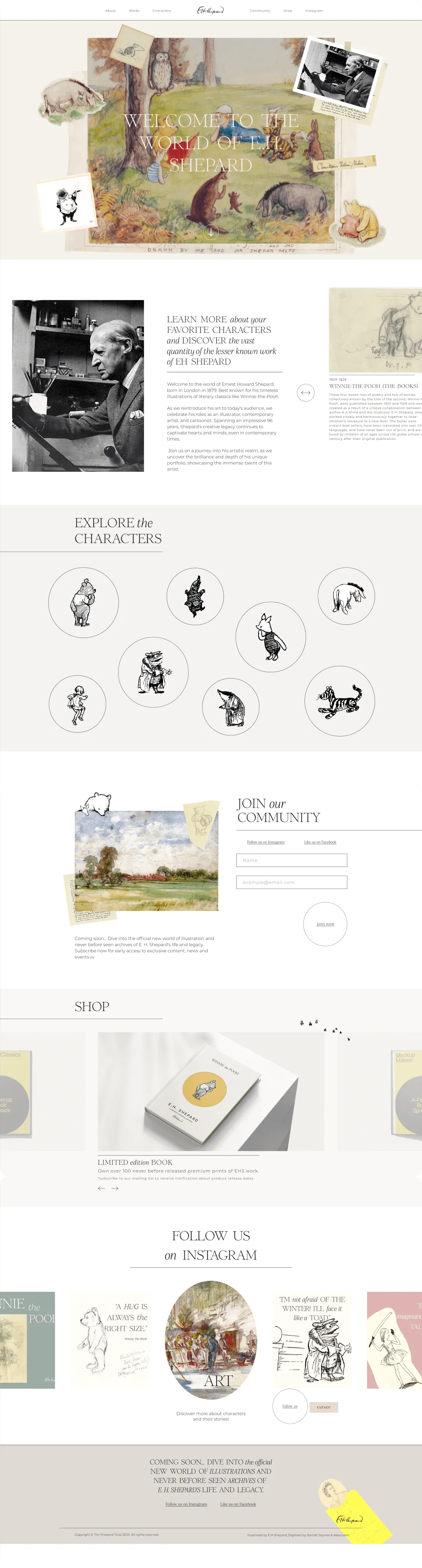 Website homepage featuring E.H. Shepard's illustrations and characters including Winnie-the-Pooh, invitation to explore characters, join community, shop limited edition book, and follow on Instagram.