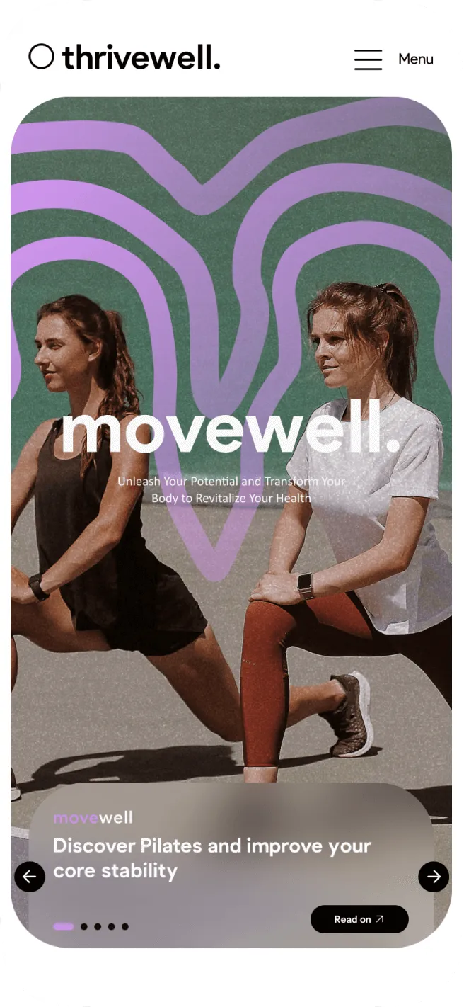 Two women outdoors performing lunges in athletic wear with a purple abstract heart design behind and text promoting Pilates and core stability.