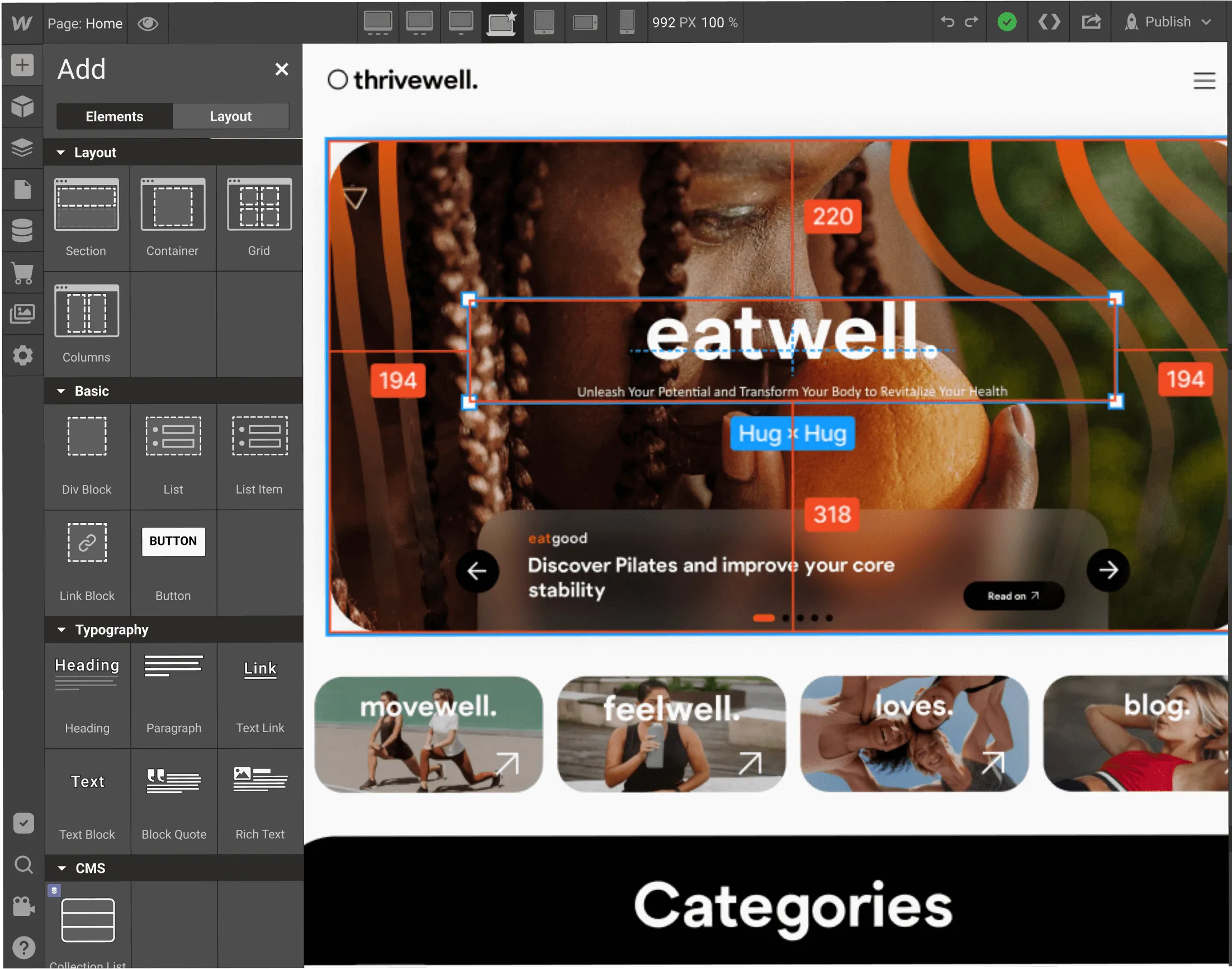 Web design interface showing a health-themed webpage with sections titled eatwell, movewell, feelwell, loves, and blog, featuring images of people exercising and healthy living.
