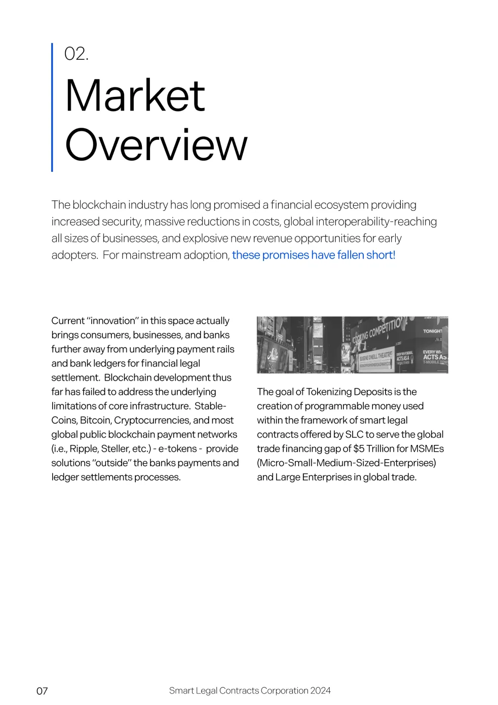 Page titled 'Market Overview' discussing blockchain industry's promises and challenges, with text detailing innovation issues and goals of tokenizing deposits for global trade financing.