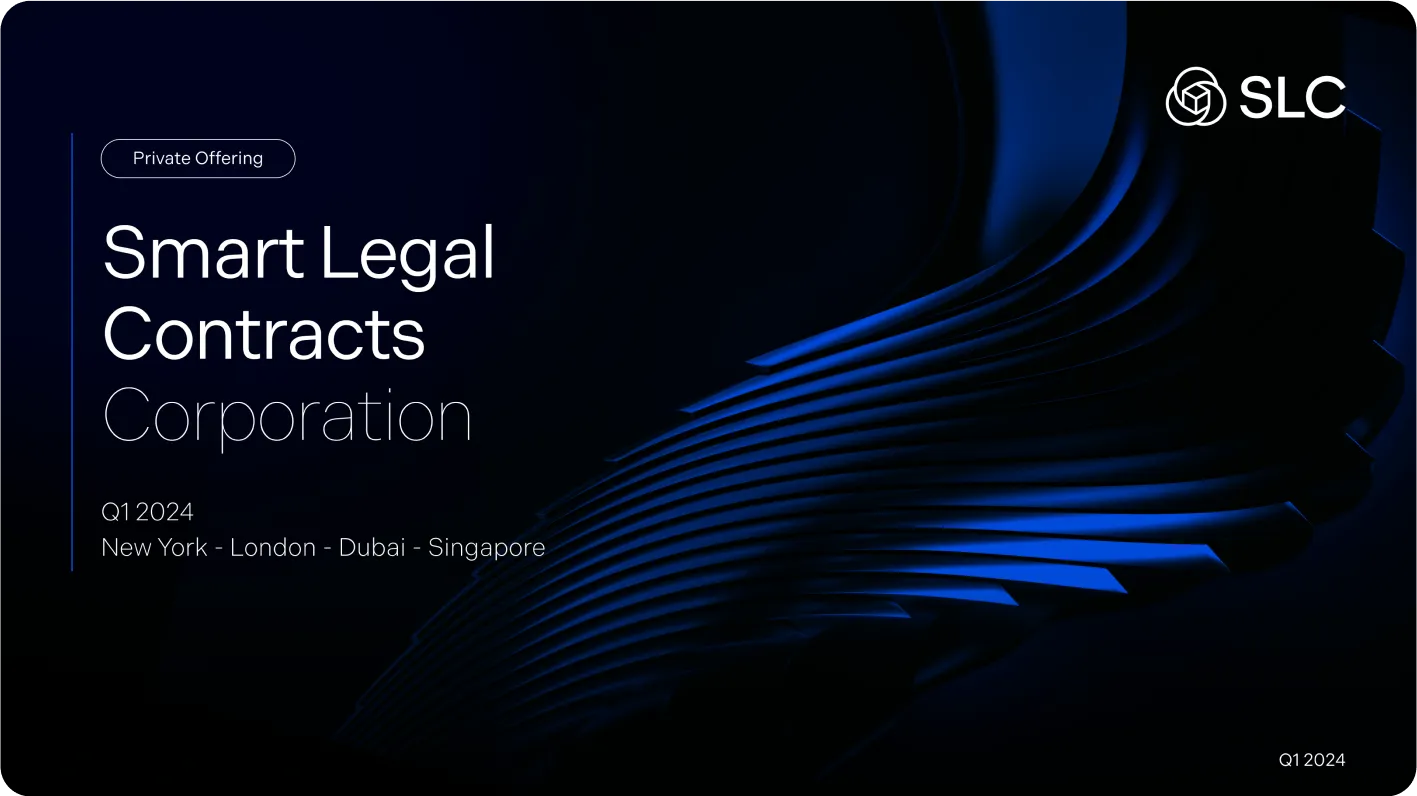 Dark blue abstract curved layered design with text 'Smart Legal Contracts Corporation' and locations New York, London, Dubai, Singapore.