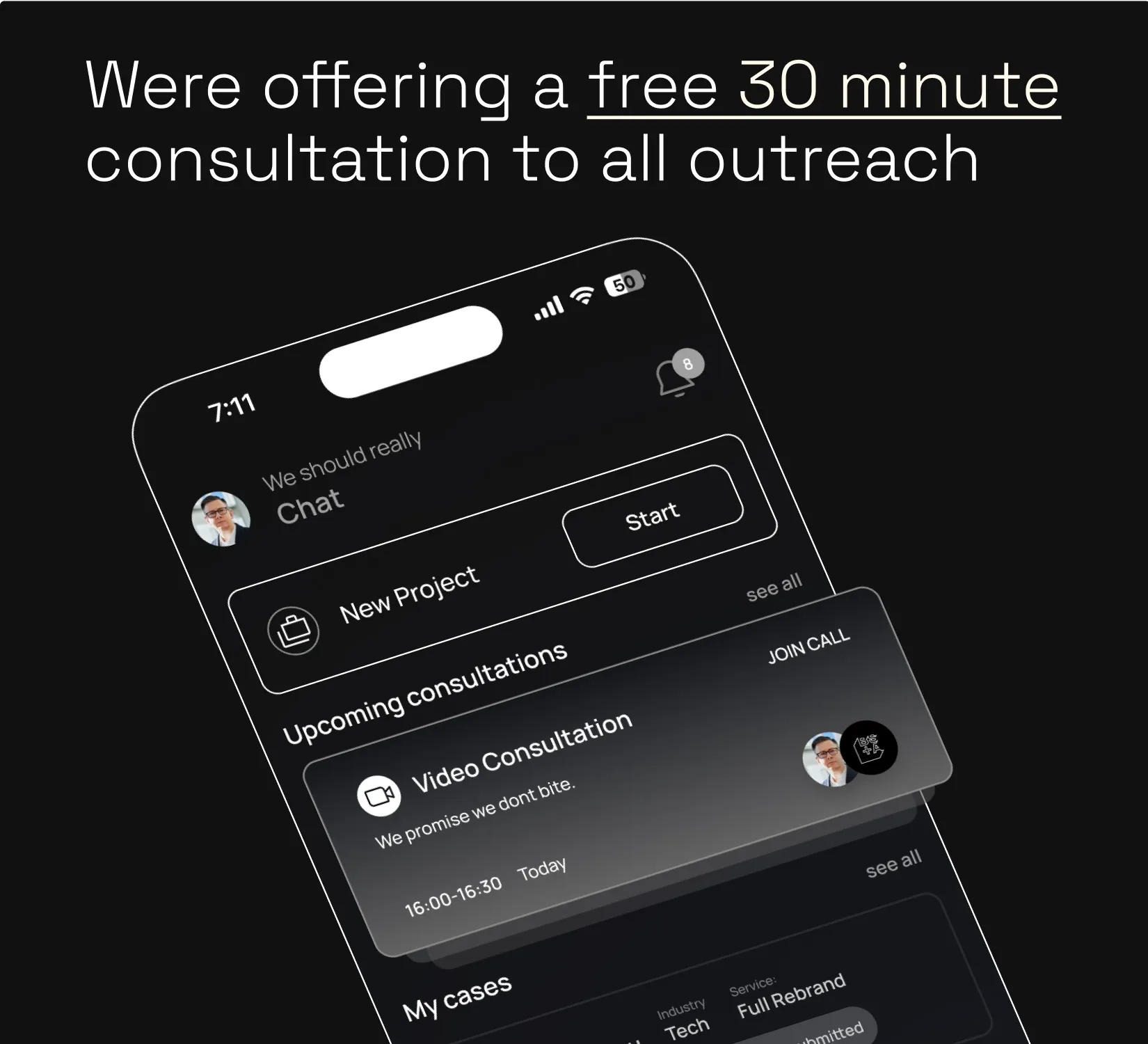 Mobile app screen showing a free 30-minute consultation offer with upcoming video consultation scheduled from 16:00 to 16:30 today.