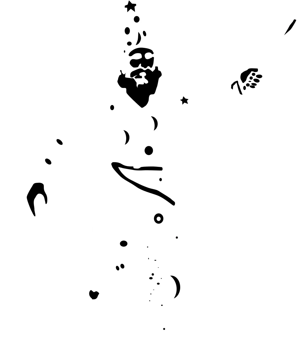 Silhouette of a wizard wearing a star and moon-patterned robe and hat, holding a wand.