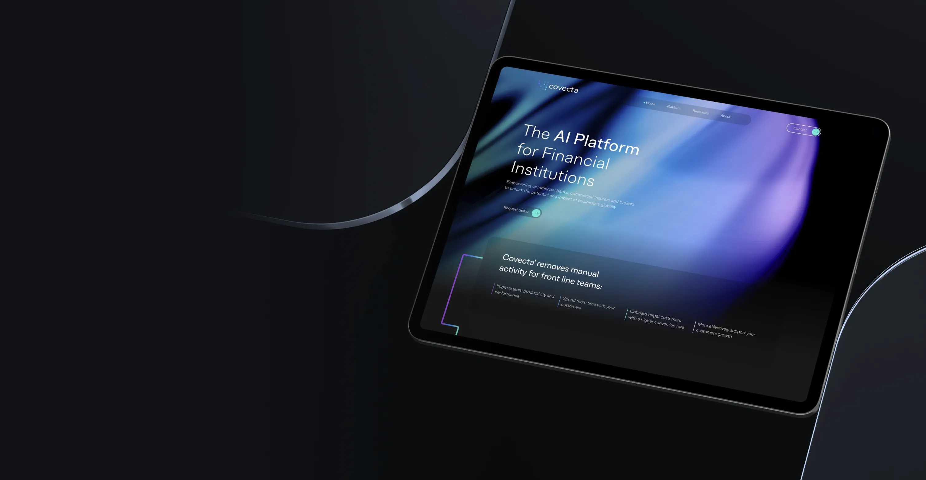 Tablet displaying a website for Covecta, an AI platform for financial institutions, with dark blue and purple gradient background.