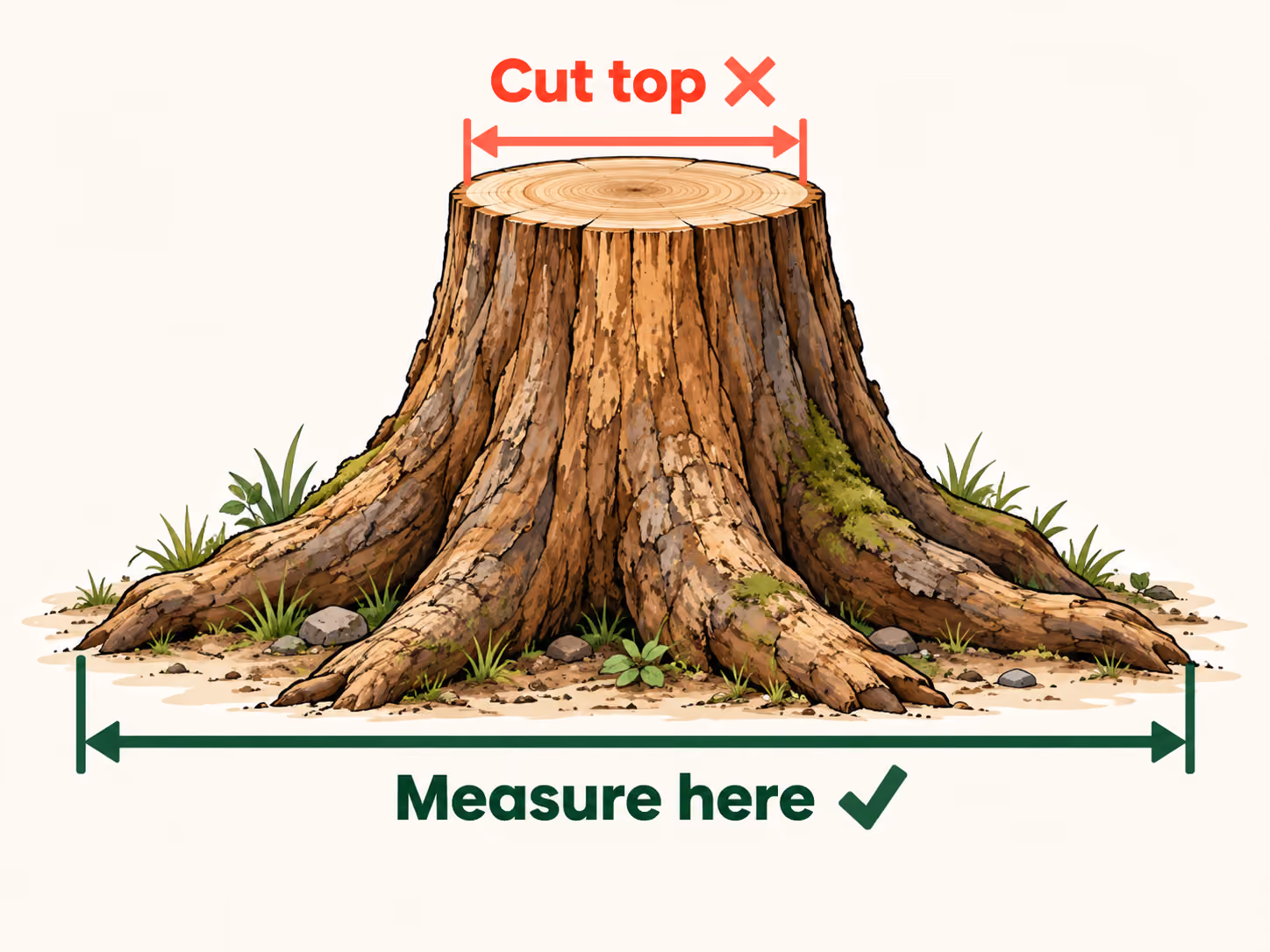 Illustration showing a stump’s narrow cut top and the wider root flare at ground level, with arrows indicating where to measure the stump.