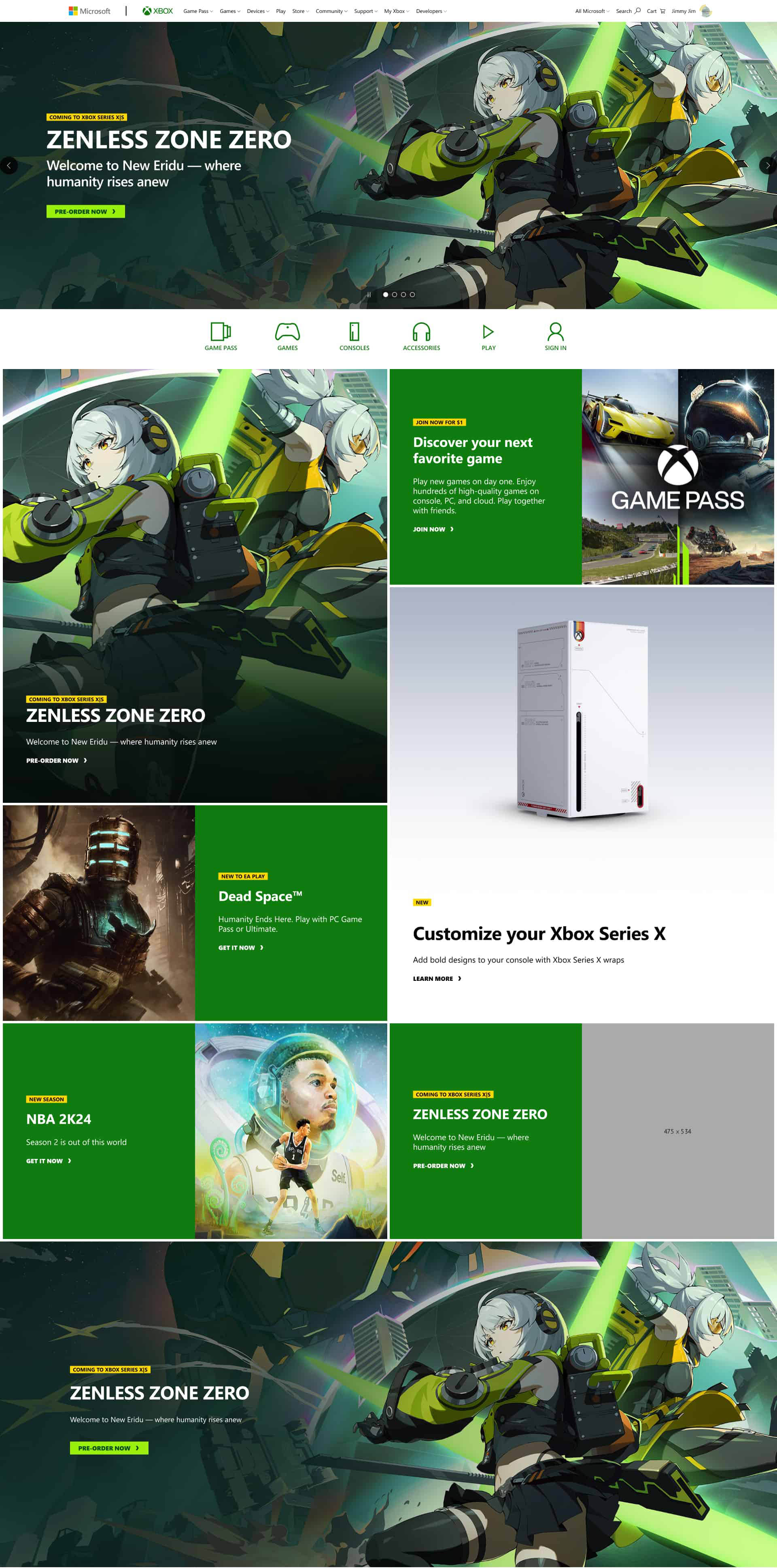 XBOX Homepage promo featuring all cuts for Zenless Zone Zero