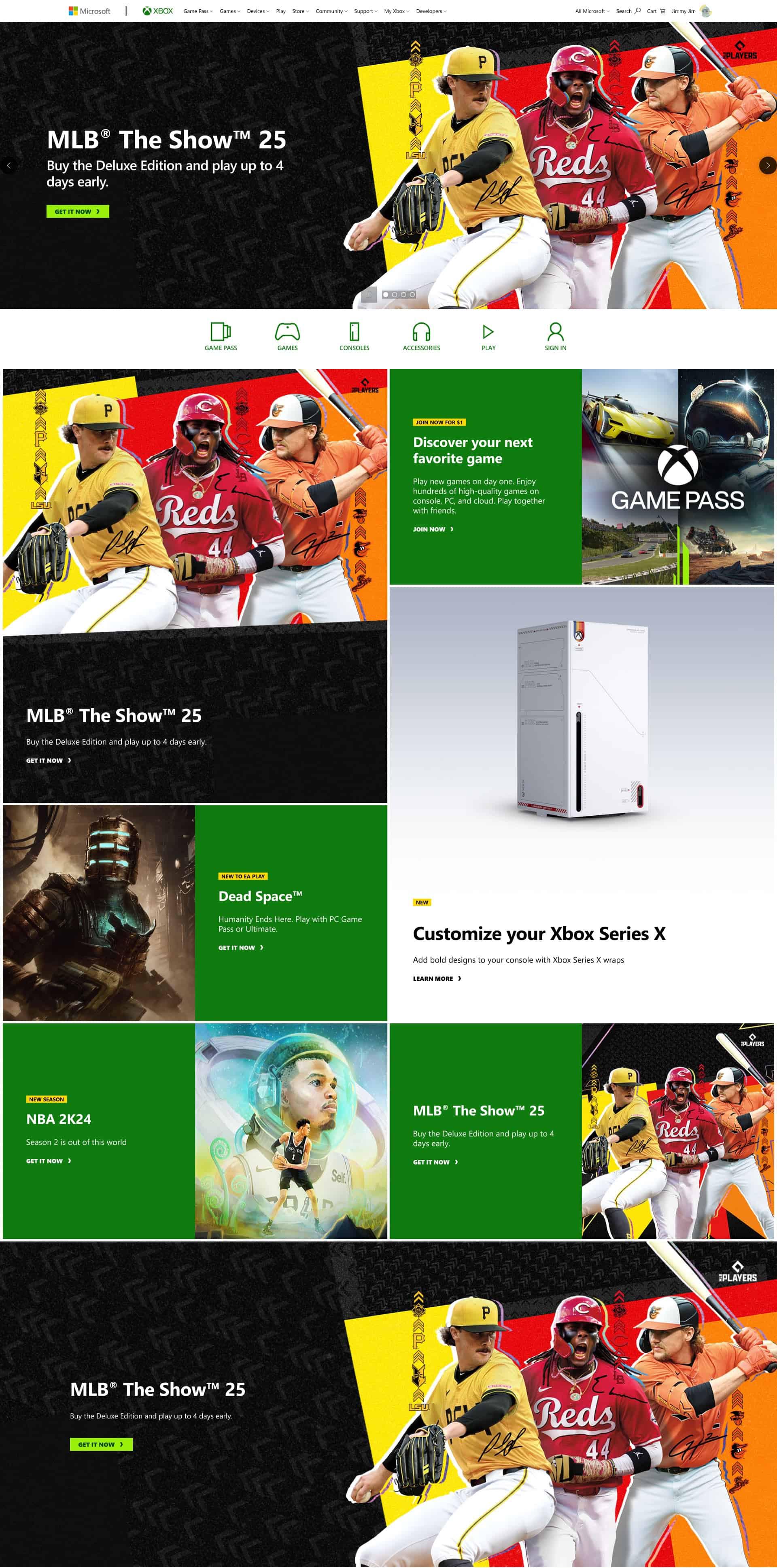 XBOX Homepage promo featuring all cuts for MLB The Show 25