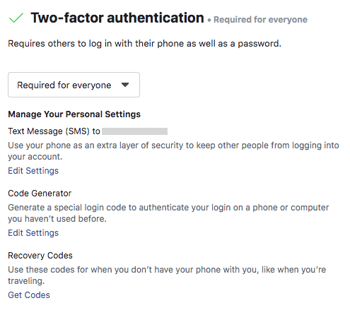 Facebook two-factor authentication