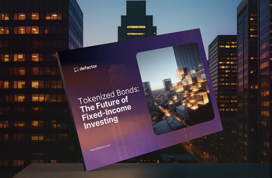 Book cover titled 'Tokenized Bonds: The Future of Fixed-Income Investing' by Defactor with a cityscape background featuring illuminated buildings and floating glowing cubes.