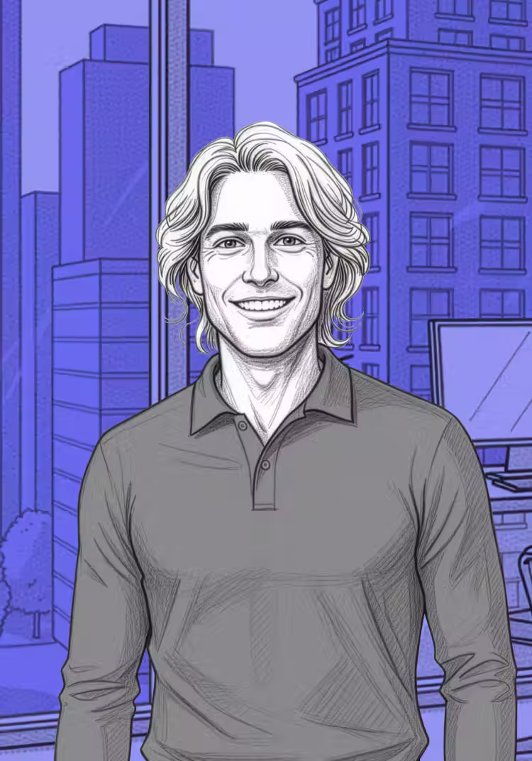 Illustration of a smiling man with wavy shoulder-length hair wearing a gray long-sleeve polo shirt, standing indoors with city buildings visible through large windows behind him.