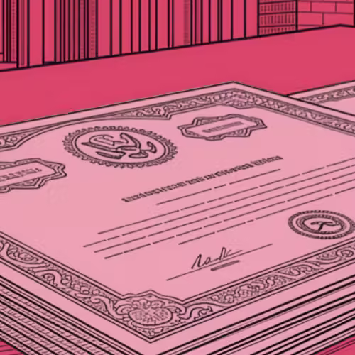 Stack of stylized financial bonds or certificates with ornate borders on a pink surface.