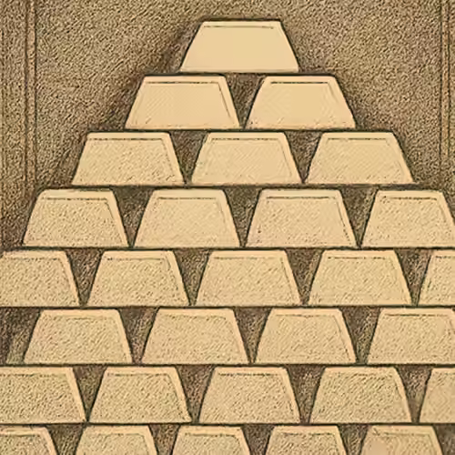 Stack of gold bars arranged in a pyramid shape on a textured surface.