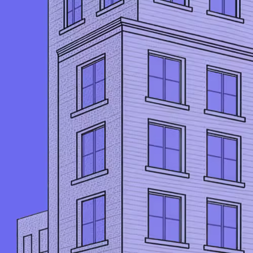 Illustration of a corner of a multi-story building with multiple rectangular windows.