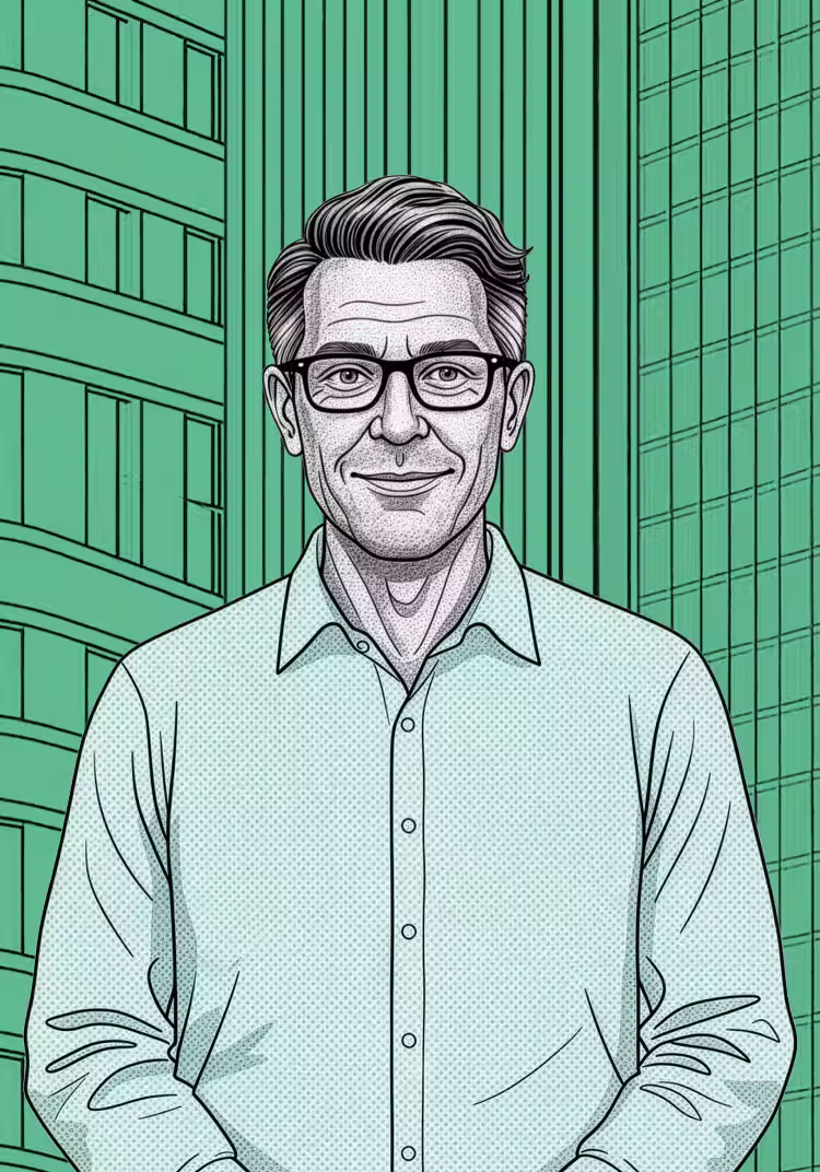 Illustration of a middle-aged man with glasses and gray hair wearing a light blue collared shirt standing in front of tall green buildings.