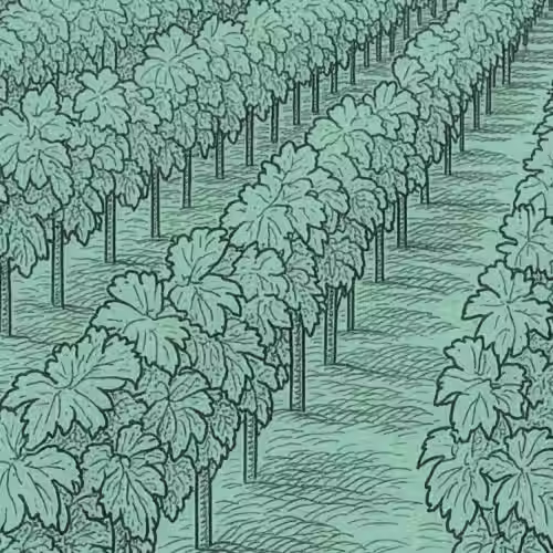 Illustration of rows of leafy plants growing in a field, viewed from above.