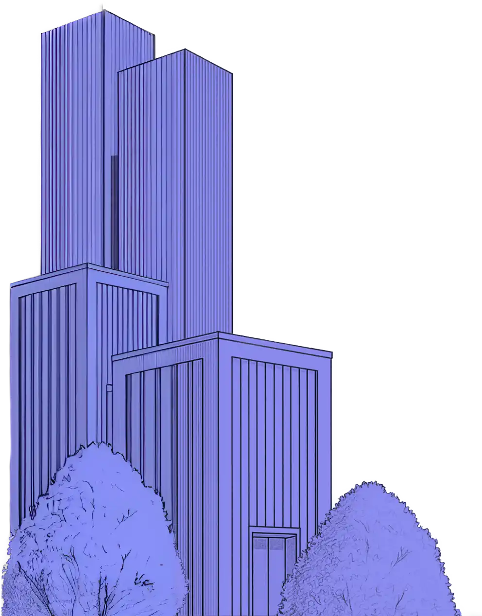 Illustration of four tall, blue, rectangular skyscrapers with vertical stripes and two trees in front.