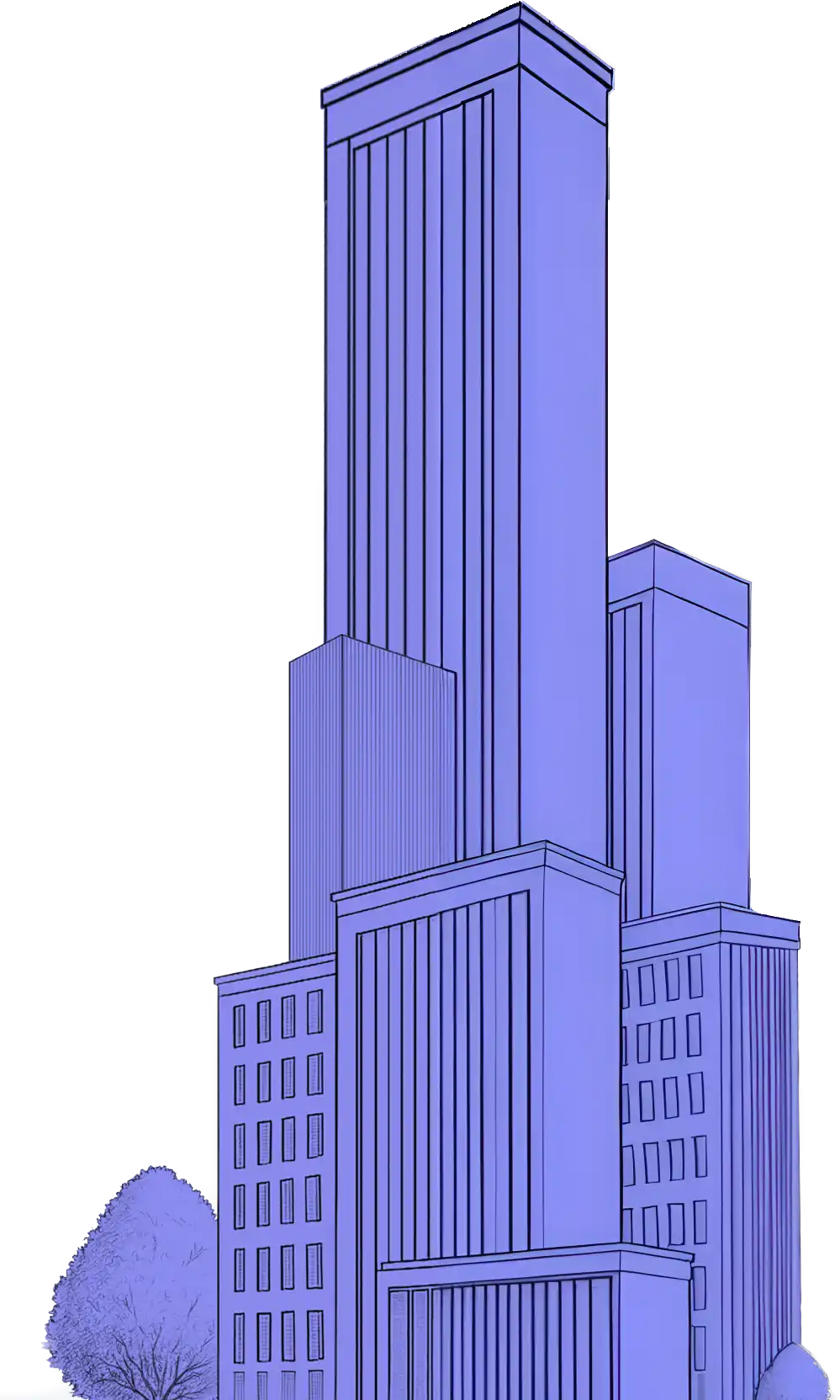 Illustration of a group of tall blue buildings with rectangular windows and some trees nearby.