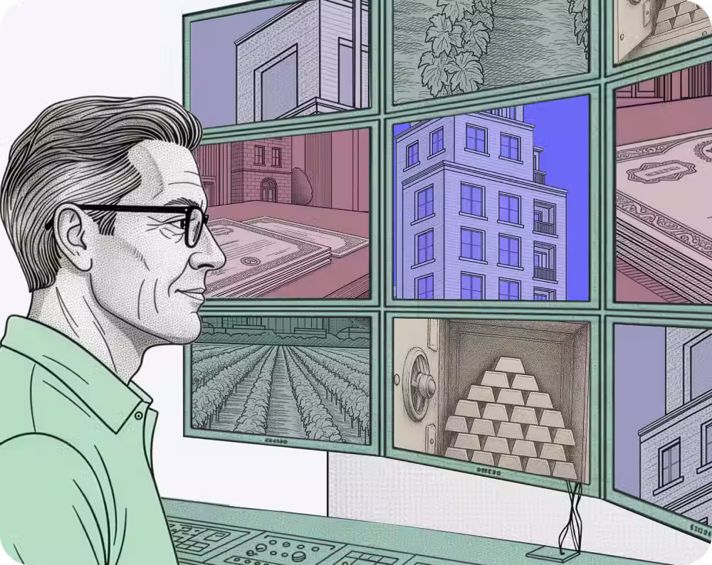 Illustration of a man with glasses looking at multiple screens showing images of real estate, money, farmland, gold bars, and plants.