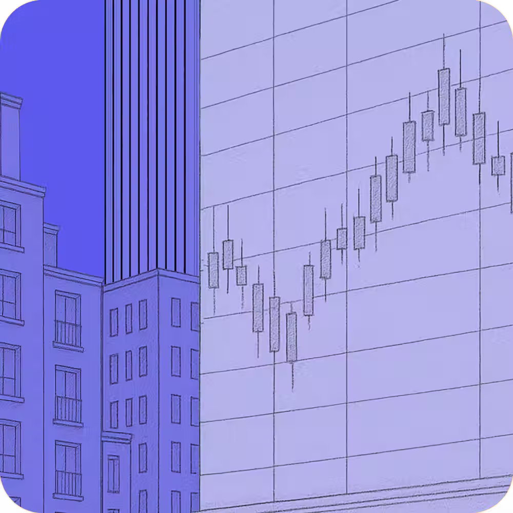 Illustration of city buildings with a large candlestick stock chart displayed on one building's facade.