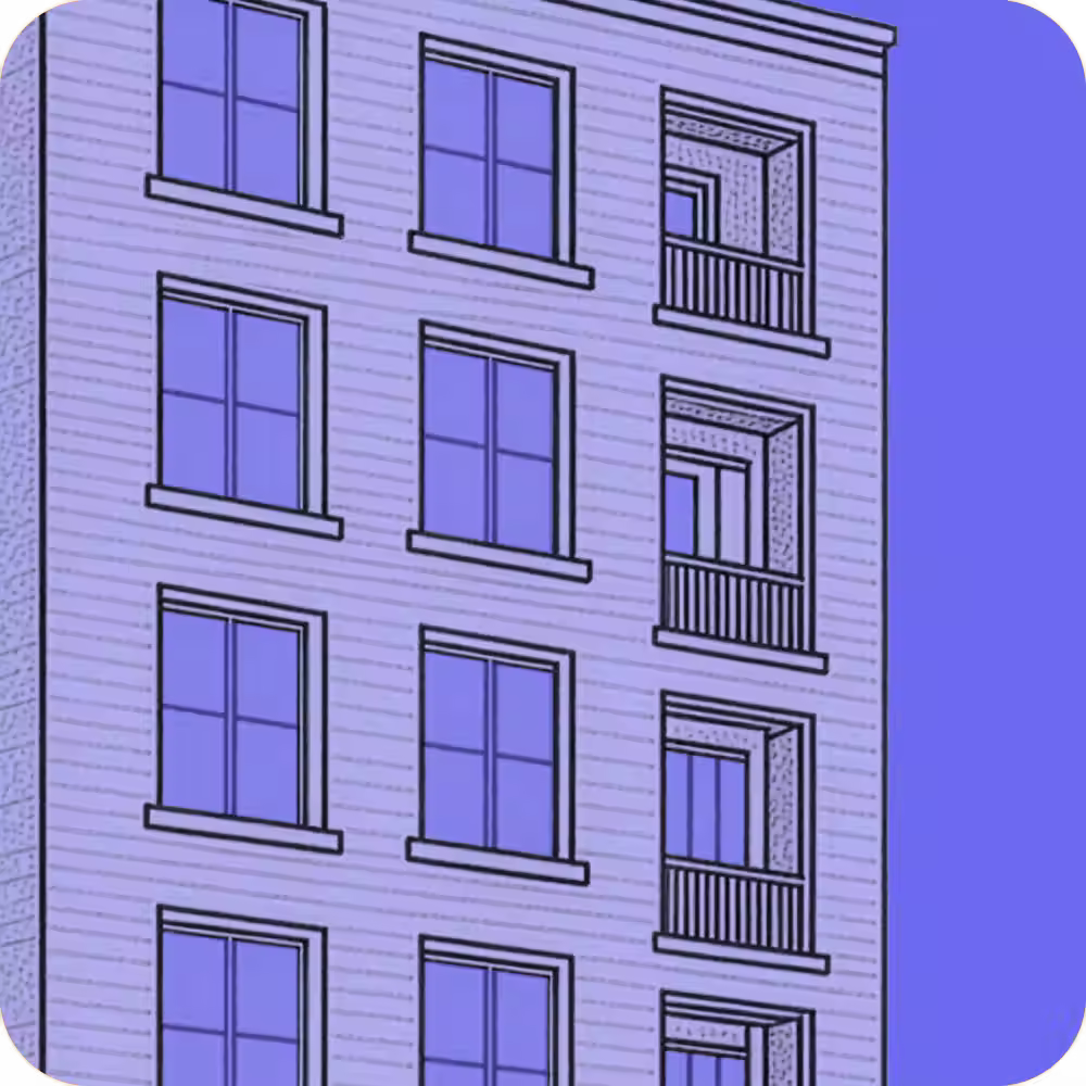Illustration of a multi-story building facade with windows and balconies in shades of blue and purple.